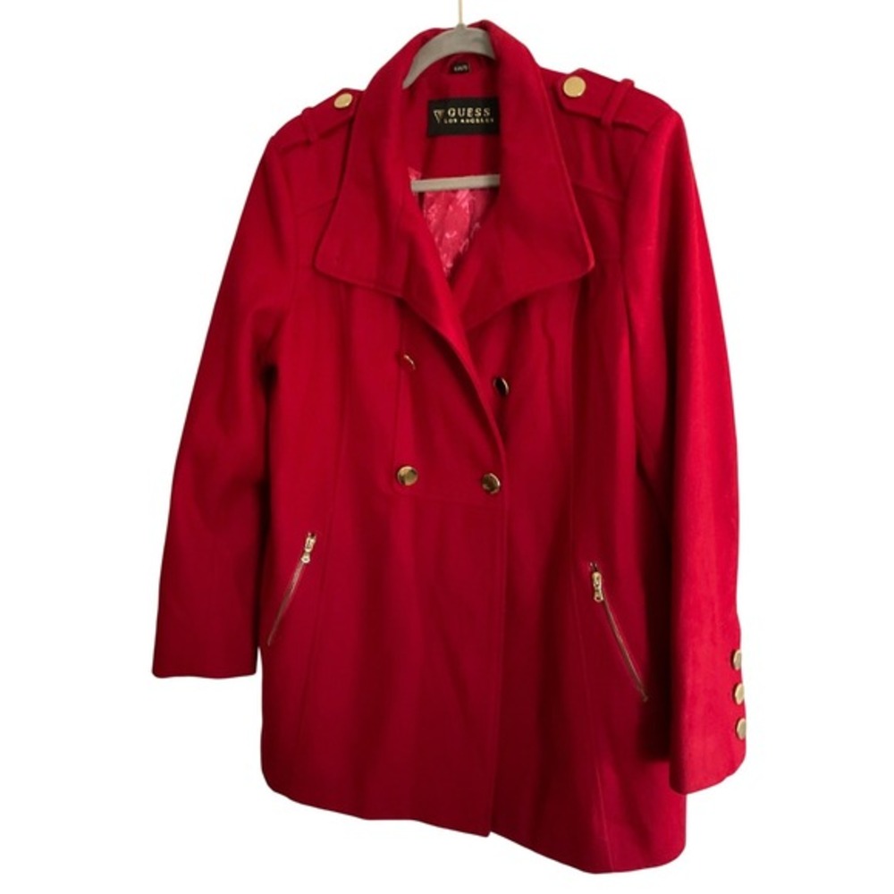 Guess Los‎ Angeles Red Wool Blend Double Breasted Peacoat Womens XL Gold Buttons